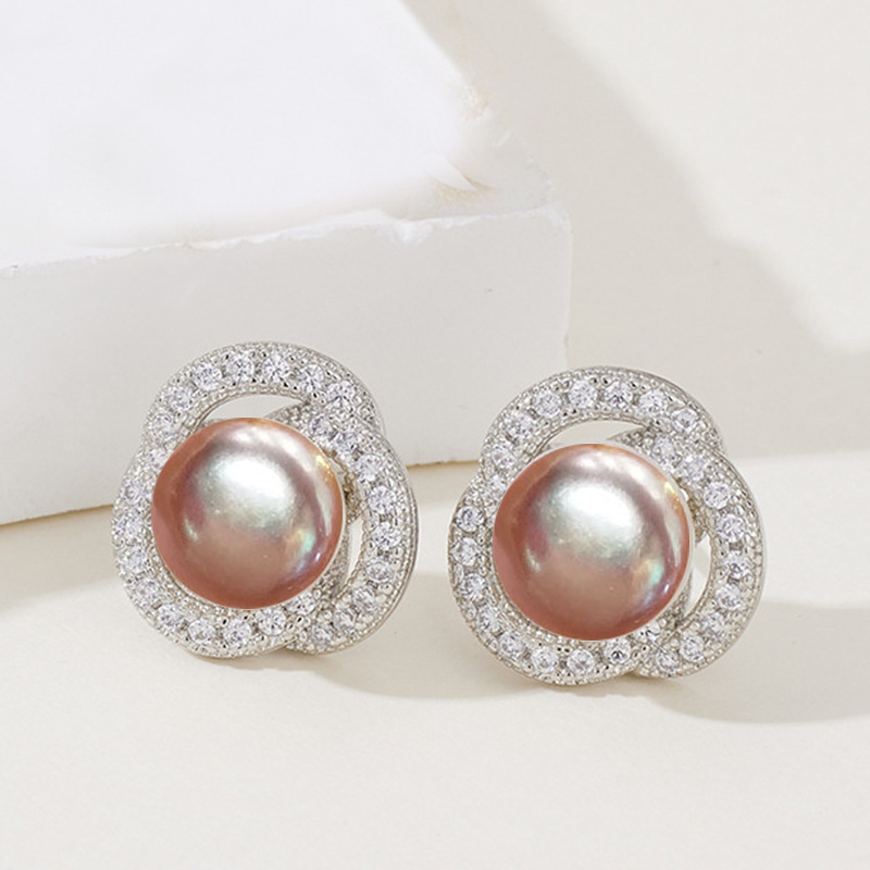 새둥지 진주 귀걸이 (실버+라벤더 비즈)