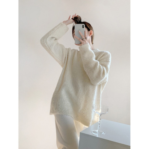 Women's White Cardigan Sweater, Long-Sleeve, Autumn/Winter New Thick and Loose Slouchy Soft Knit Top, Fashion