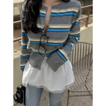 韩国代购博主同款条纹针织开衫女修身显瘦短款外套上衣