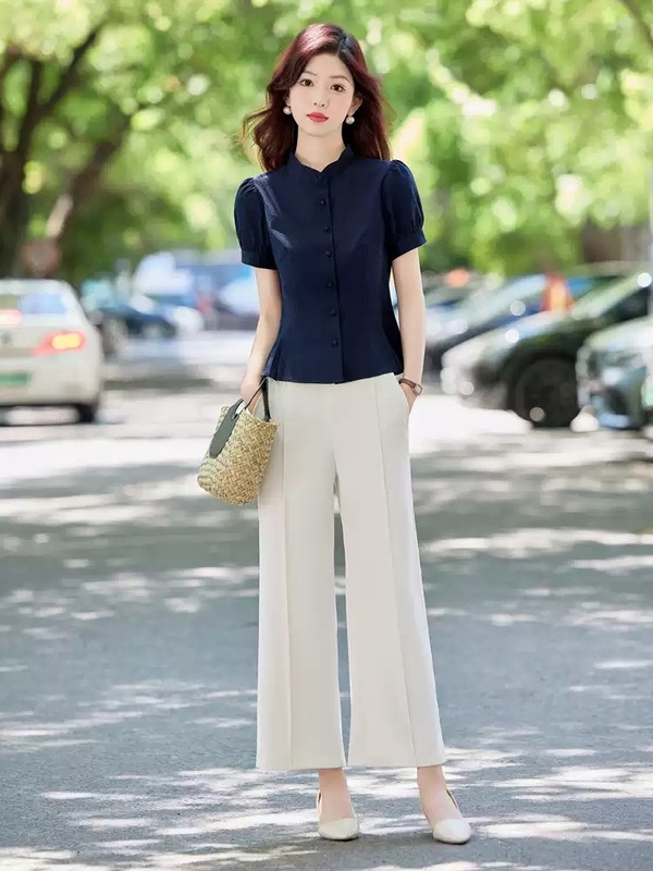 2025年夏の新しいファッションスーツ、女性のスタイリッシュなシャツとワイドレッグパンツのツーピースセットの完全なセットを着用して、エレガントで控えめに着用できます。|undefined