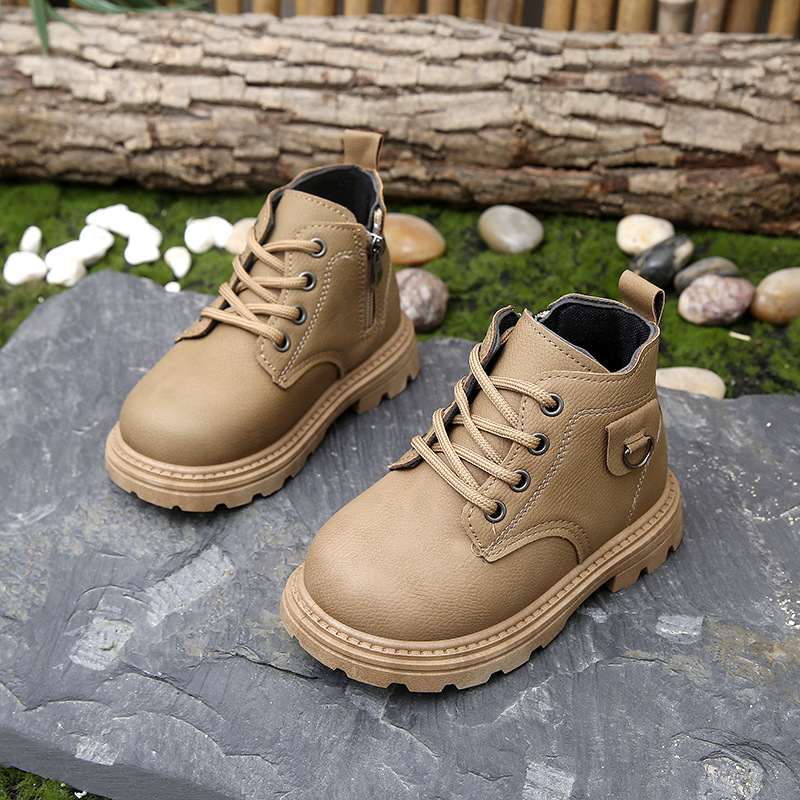 New Autumn and Winter Children's Shoes, Kids' Boots, Martin Boots, Boys' Leather Versatile Short Boots, Black Lace-Up