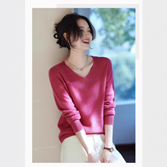 哥家商场同款女装2025秋季新款简约小香风白色V领羊毛针织打底衫