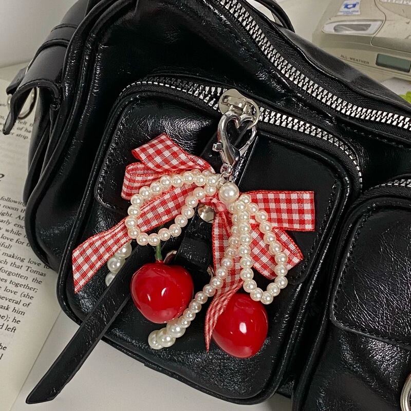 Cherry Plaid Bow, Pearl Lace Bow, Girly Heart Bag Charm, Strawberry Ins-Style Keychain