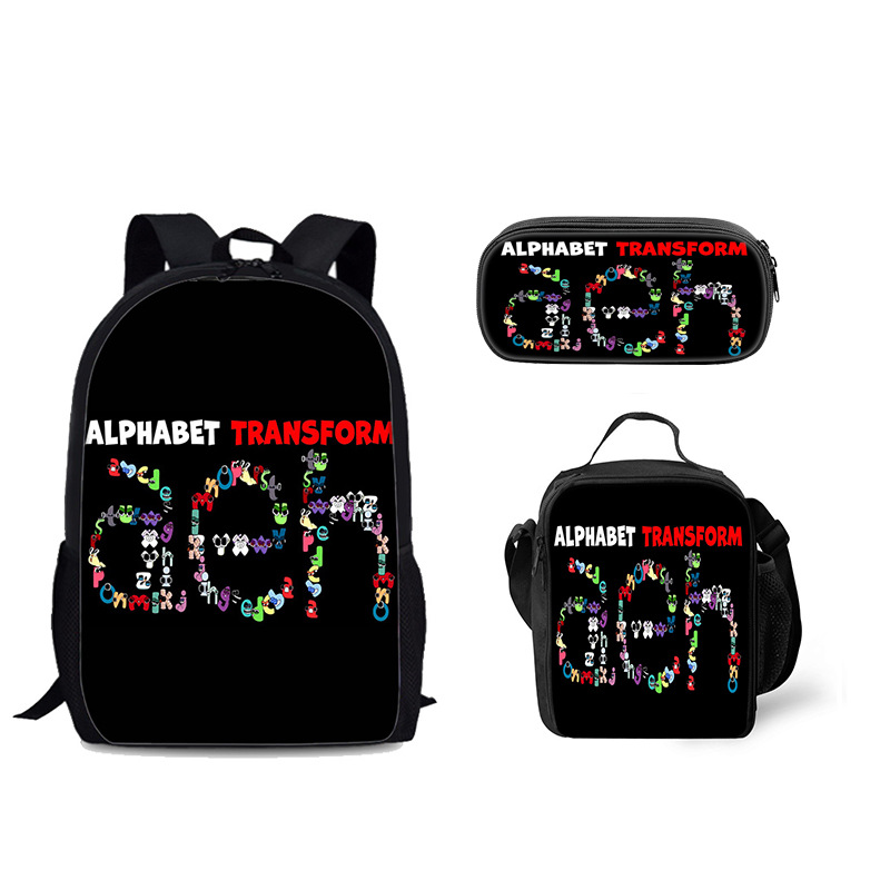Venta al por mayor Alphabet Lore mochila escolar bolsa de hielo letra leyenda estudiante mochila bolsa de comida bolsa de tres piezas