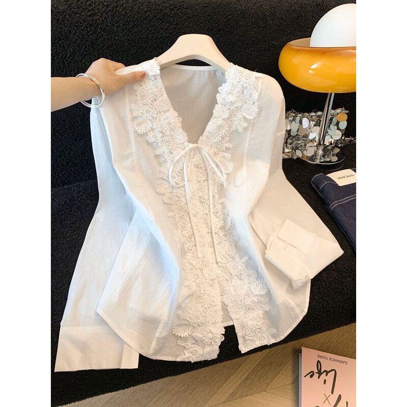 French-style elegant V-neck lace-up white shirt for women, spring-summer 2026 new model, sun-protective long-sleeve outerwear