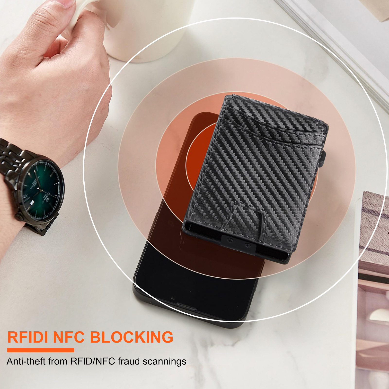 Comercio exterior flip metal cartucho bolsas de tarjetas antirrobo cepillo de fibra de carbono estampado clip de dólar lado empuje super movimiento cartera de negocios para hombres