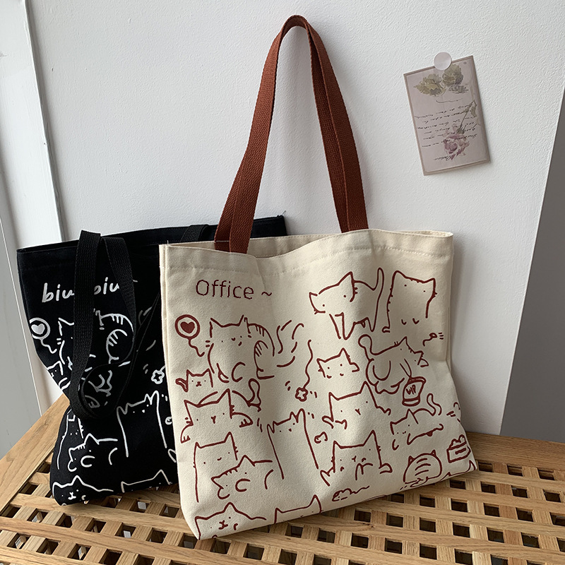 2024 Art Design Carino Animale Dipinto a Mano Illustrazione Borsa a Tracolla Borsa da Scuola Borsa Artistica Retro Grande Capacità Borsa in Tela Donna_voghion.com