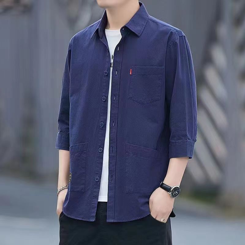 Spring and summer cotton shirt men's long-sleeved loose shirt men's casual 3/4 sleeve non-ironing pure cotton in stock
