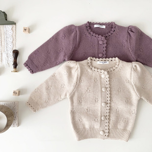Cutemily Autumn and Winter Cross-Border Ins Baby Girl Hand Hook Round Neck Cardigan Sweater Baby Girl Thickeneded Retro Sweater