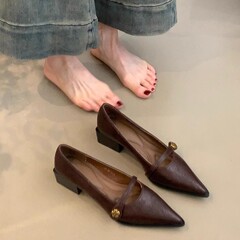 古嘉 ~ 復古の浅い口のハイヒールの女性のツバキの花の1字は太さと靴の先の気質のメアリー珍の靴を掛けます。