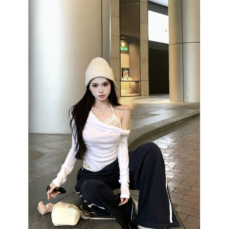 设计感别致拼接蕾丝假两件挂脖荡领T恤早秋纯欲风打底衫长袖上衣|undefined