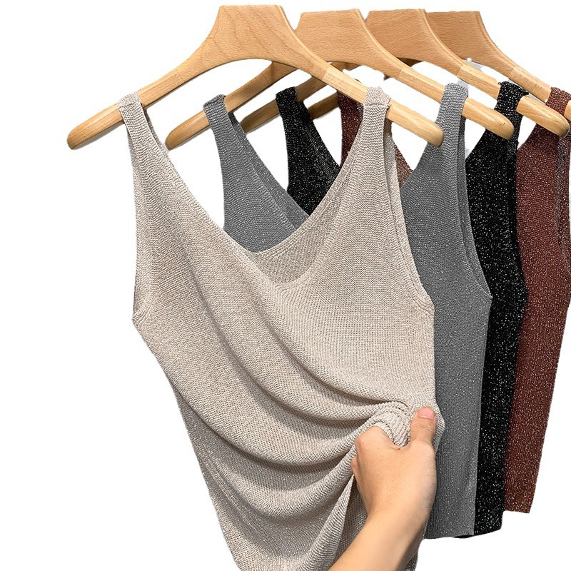 Ropa interior de las mujeres de punto de seda de brillo camisola 2024 primavera y verano europeo nuevo estilo occidental suelto sin mangas superior