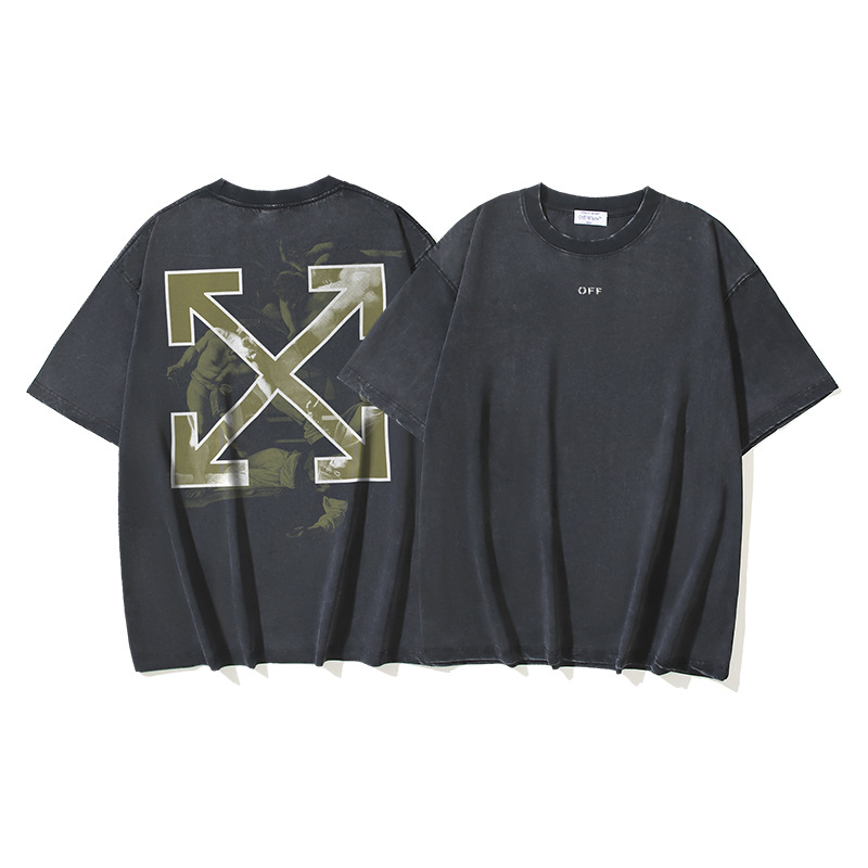 Verano nuevo OFF-WHITE lavado y desgastado doble hilo pesado ángel rojo anciano religioso estampado camiseta de manga corta hombre