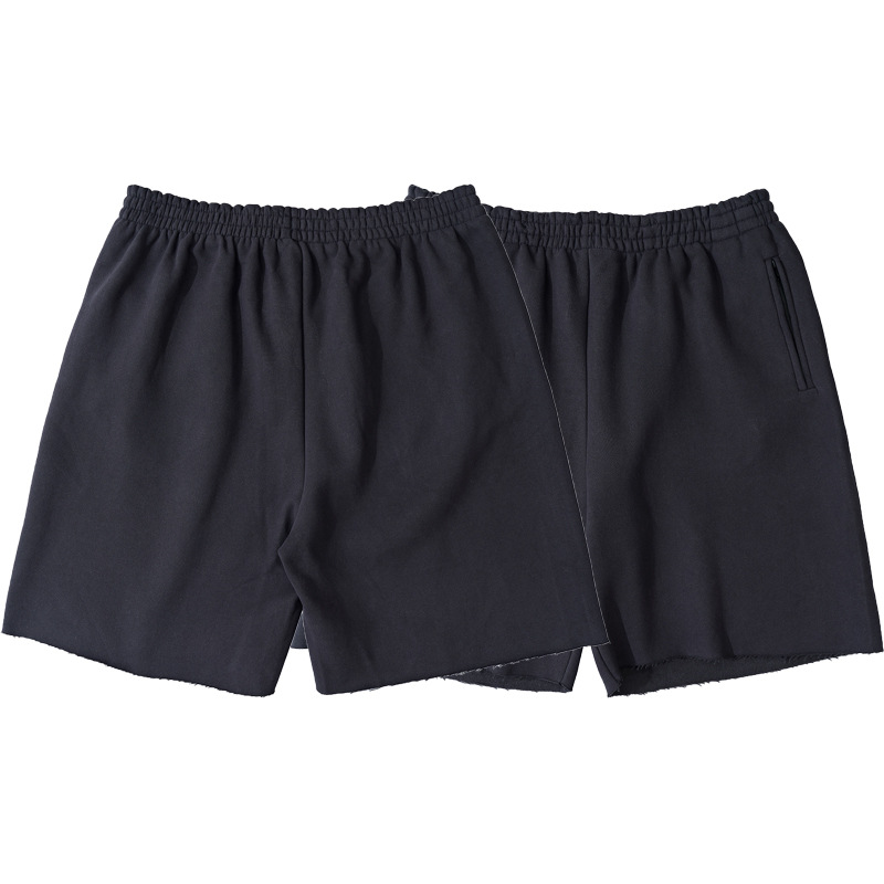 Alta versión YEEZY Kanye desgaste mismo estilo color sólido fleece-forrado High Street angustiado deshilachado pantalones cortos deportivos