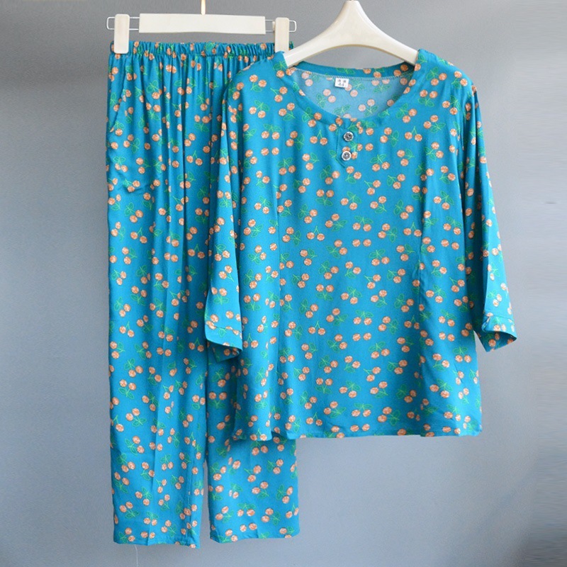 女性用綿シルクパジャマ、夏用薄手、中高年ママ、ゆったり綿シルクホーム服、七分袖お出かけスーツ|undefined