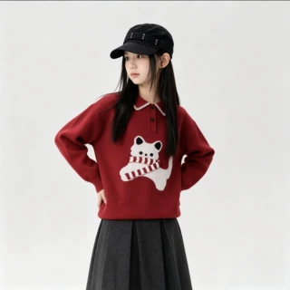 韩系猫咪提花翻领套头毛衣女秋冬新款慵懒风好看软糯百搭针织上衣