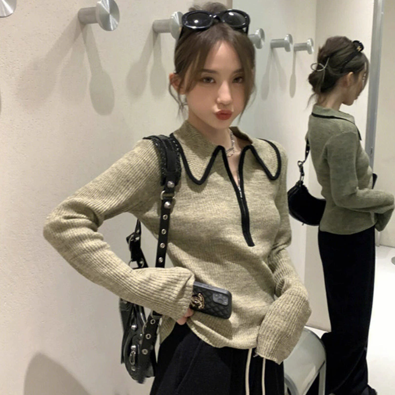 Официальная фотография реальная цена дизайн молния кашемировый осень и зима Новый нежный стиль темперамент внутренняя одежда с длинным рукавом вязаный Топ