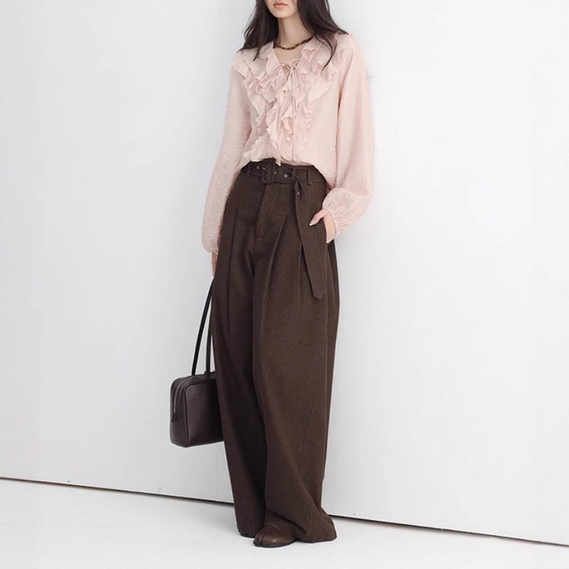 Chachastu1 French Fashionable Pink Ruffled Lace-Up Top for Women Early Autumn High-End Long-Sleeved V Neck Shirt