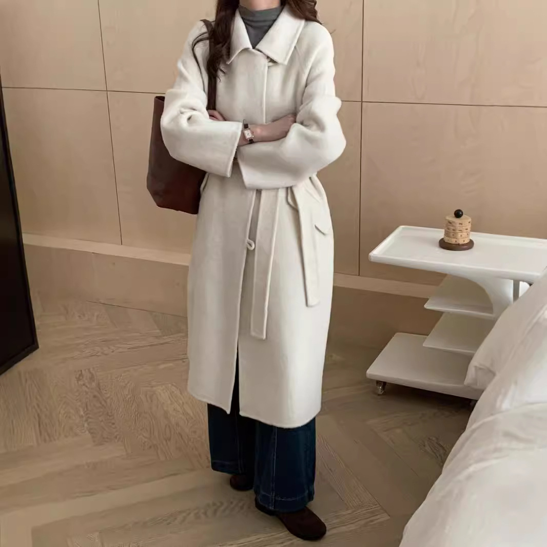 2024 Doll Collar Single-breasted Double-sided Wool Coat Women's Long Buckle Shoulder Sleeve Double-sided Cashmere Plush Plus