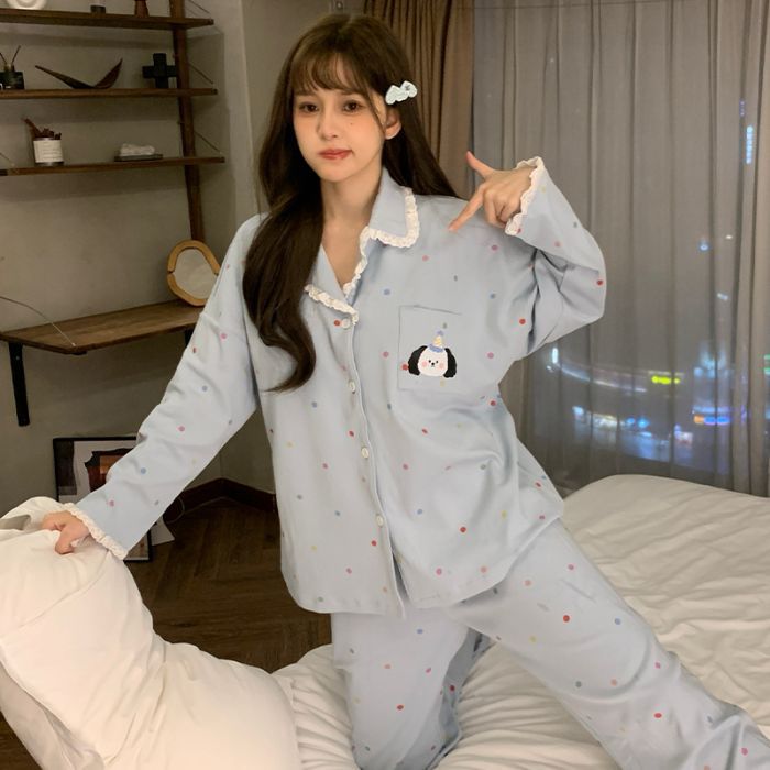 Al por mayor transfronterizo otoño nuevo cardigán pijama de mujer pull-frame algodón pantalones de manga larga con solapa set de ropa casera casual