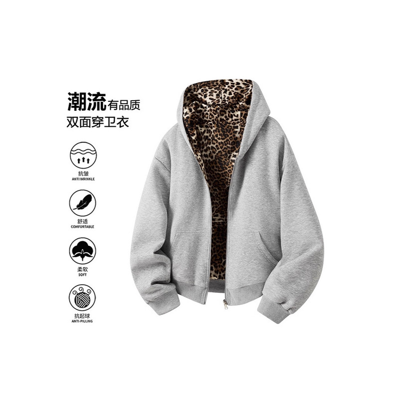 Youxu 2025 Leopard Print Reversible Sweatshirt Cardigan for Men and Women Autum Splicing Hooded Jacket High Street Handsome Loose Trendy