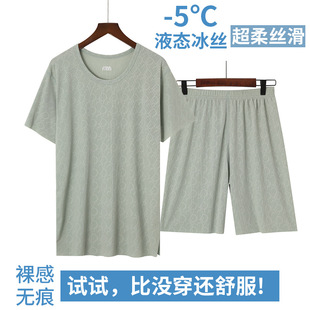 Summer Men's Ice Silk Pajamas Pajamas Loose Set Printed Short-sleeved T-shirt Round Neck Pants Home Clothes Set