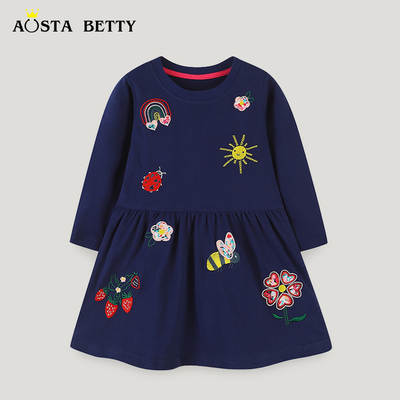 Autumn European and American style girls dress small and medium-sized children's round neck embroidery flower long sleeve children's skirt cute princess skirt