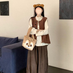 复古叠穿灯芯绒马甲外套宽松长袖衬衫百搭休闲裤女早秋时尚套装潮