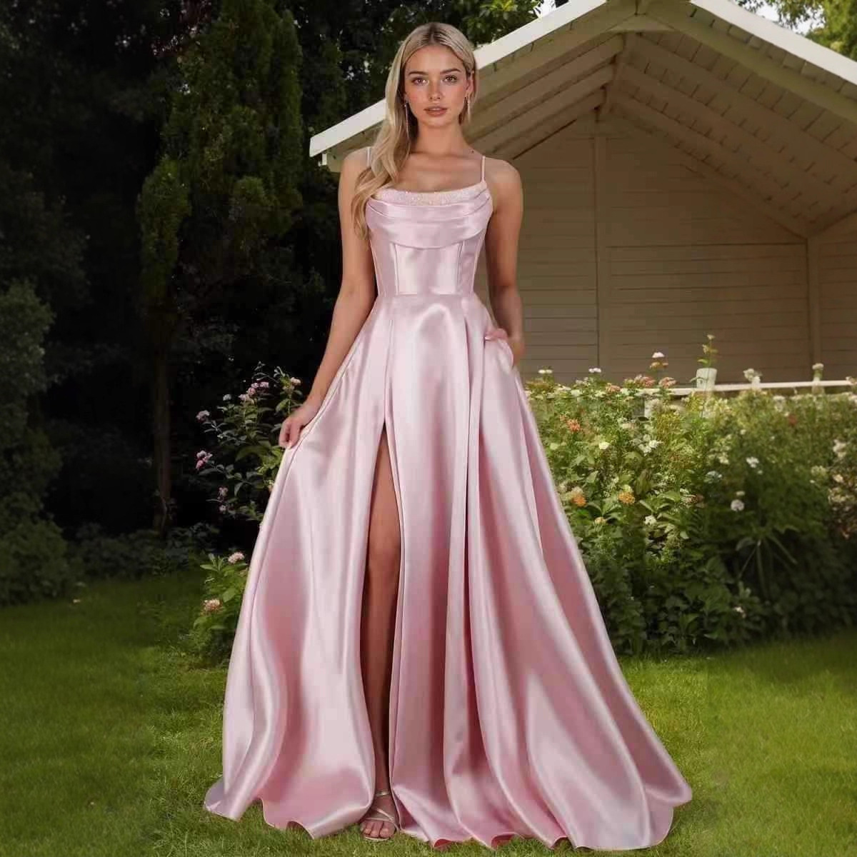 Amazon 2025 Satin Dress Amazon 2025 New Green Sexy Suspender Long Prom Party Evening Dress