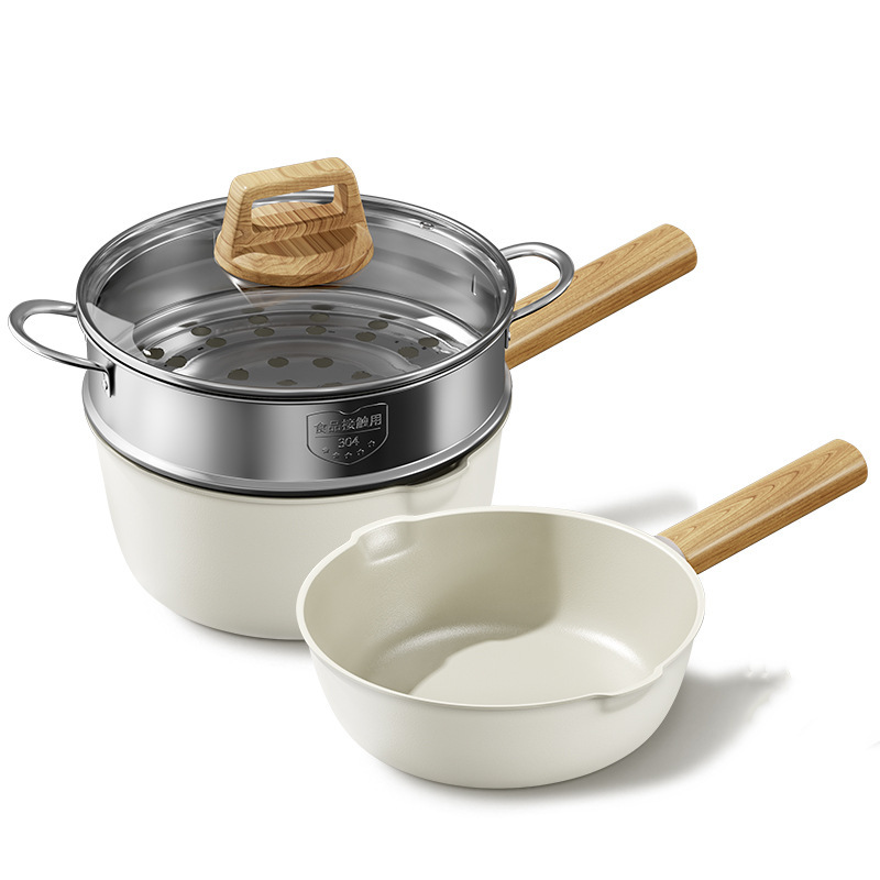 20CM 흰색 우유 포트 [뚜껑 포함] + 흰색 프라이팬 + 실리콘 스푼 + 스펀지 닦음 + 찜기