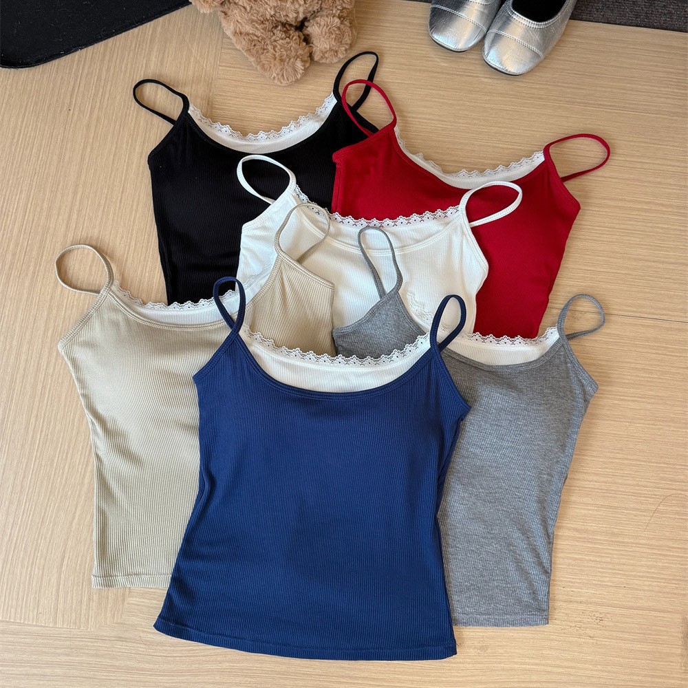 Hot Girl Design Fake Two-Piece Lace Camisole for Women with Breast Pads for Outer Wear and Inner Wear with Cut Out Beautiful Back Top