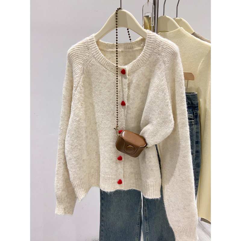 Soft and Fluffy Round Neck Sweater Jacket for Women Autumn and Winter 2025 Loose Knitted Cardigan Korean Style Heart Button Top