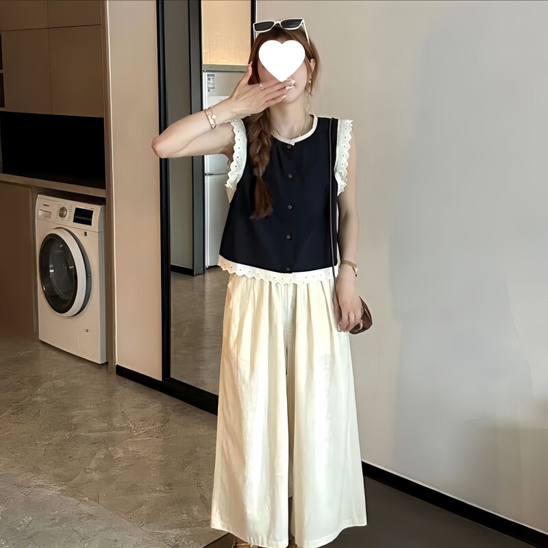Xiaoxiangfeng レースステッチノースリーブシャツ女性のための夏の 2025 新しいファッション気質ルーズ痩身多用途トップ|undefined