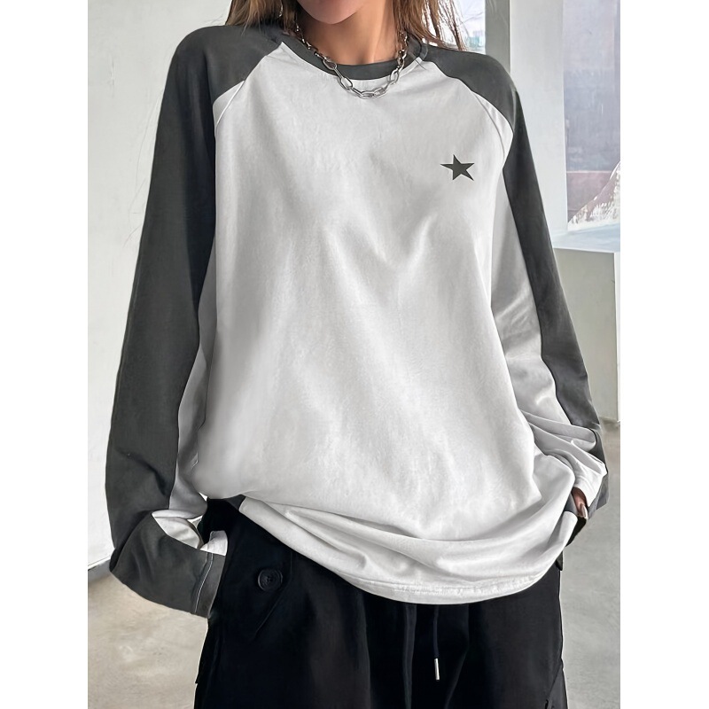 春と秋の新型の色のつなぎ合わせは簡単で、カジュアルな丸首に肩の袖のtシャツを挿します。|undefined