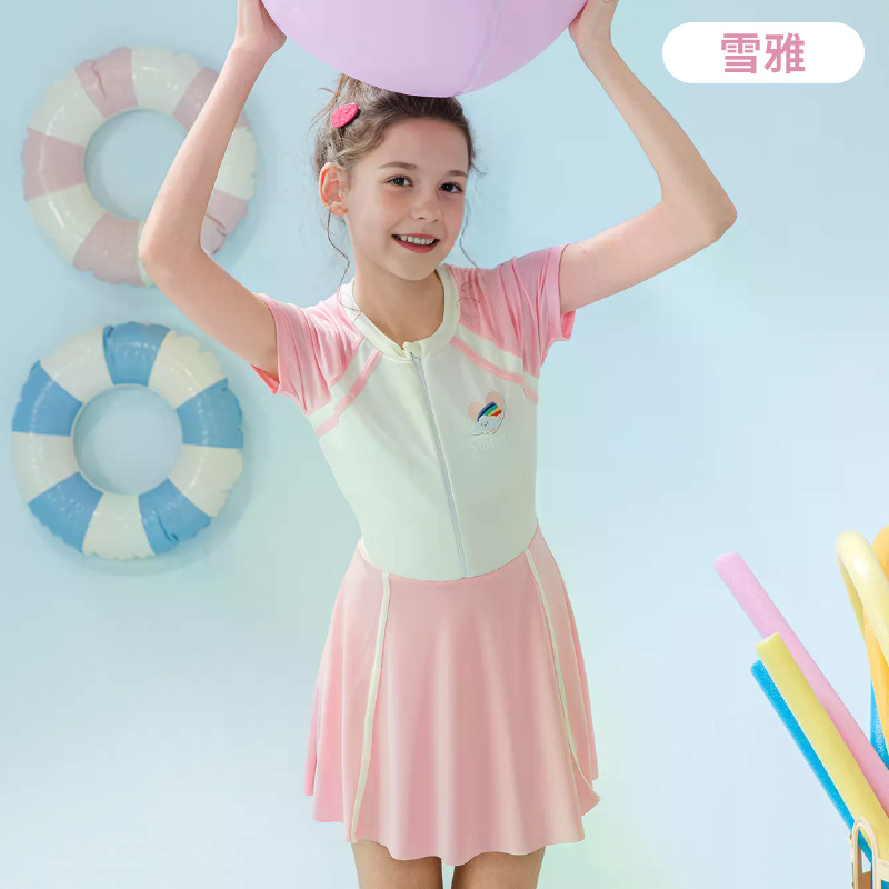 Traje de baño para niños 2025 nueva falda de una pieza a juego de color para niñas, protector solar, traje de baño profesional de aguas termales para niñas de secundaria