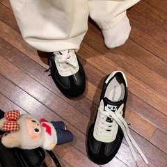 牛皮版~前系带拼色圆头百搭舒适休闲真皮阿甘鞋板鞋增高德训鞋女
