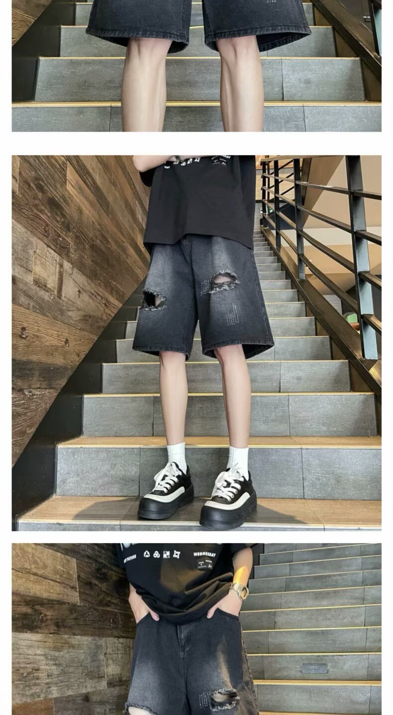 Men's Clothing Men's Trendy Casual Ripped Wide Leg Capri Pants High Street Washed Distressed Denim Shorts Summer Style_viptrois.com