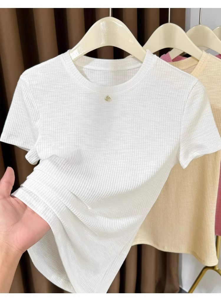 Women's Pink Ribbed Short Sleeve T-shirt Lightweight Basic Top_voghion.com