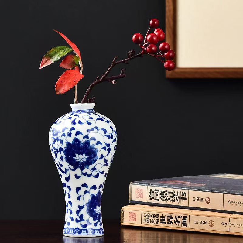 Flores de porcelana azul, vasos de flores de cerámica de lujo ligero, flores de alto nivel, decoración de mesa de comedor de estilo nuevo chino