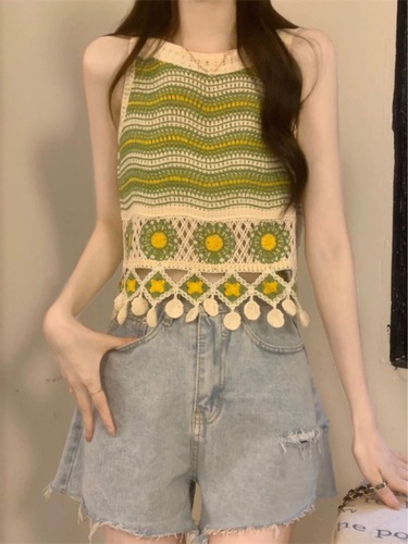 Knit Lacy Striped Fringe Strap Tank Top for Women Summer Sleeveless Outwear Innerwear Layering Kanjian Ethnic Style Top Dress