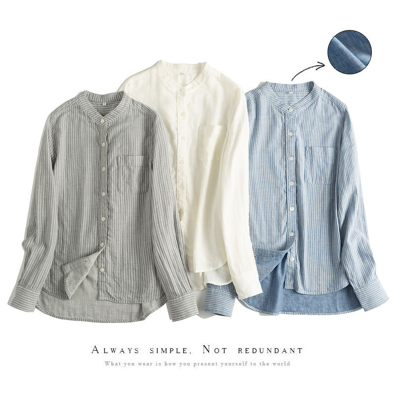 New Japanese good products non-printed customers for Indian double-layer cotton yarn woven stand collar striped long sleeve shirt women #520 New Japanese good products non-printed customers for Indian double-layer cotton yarn woven stand collar striped long sleeve shirt women #520