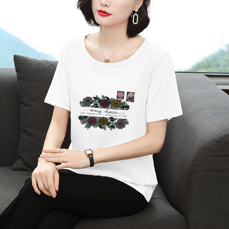 Summer short-sleeved T-shirt for women 2023 New plus size round neck toothbrush embroidered middle-aged mom top temperament small shirt