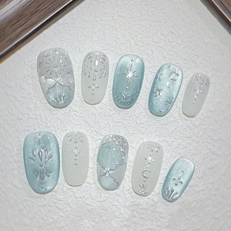 Blue-Green Bohemian Silver-Plated Aurora Pink Cat-Eye Short Oval Nail Stickers, Summer Hot Item, High-End Blue-Green Bohemian Silver-Plated Aurora Pink Cat-Eye Short Oval Nail Stickers, Summer Hot Item, High-End