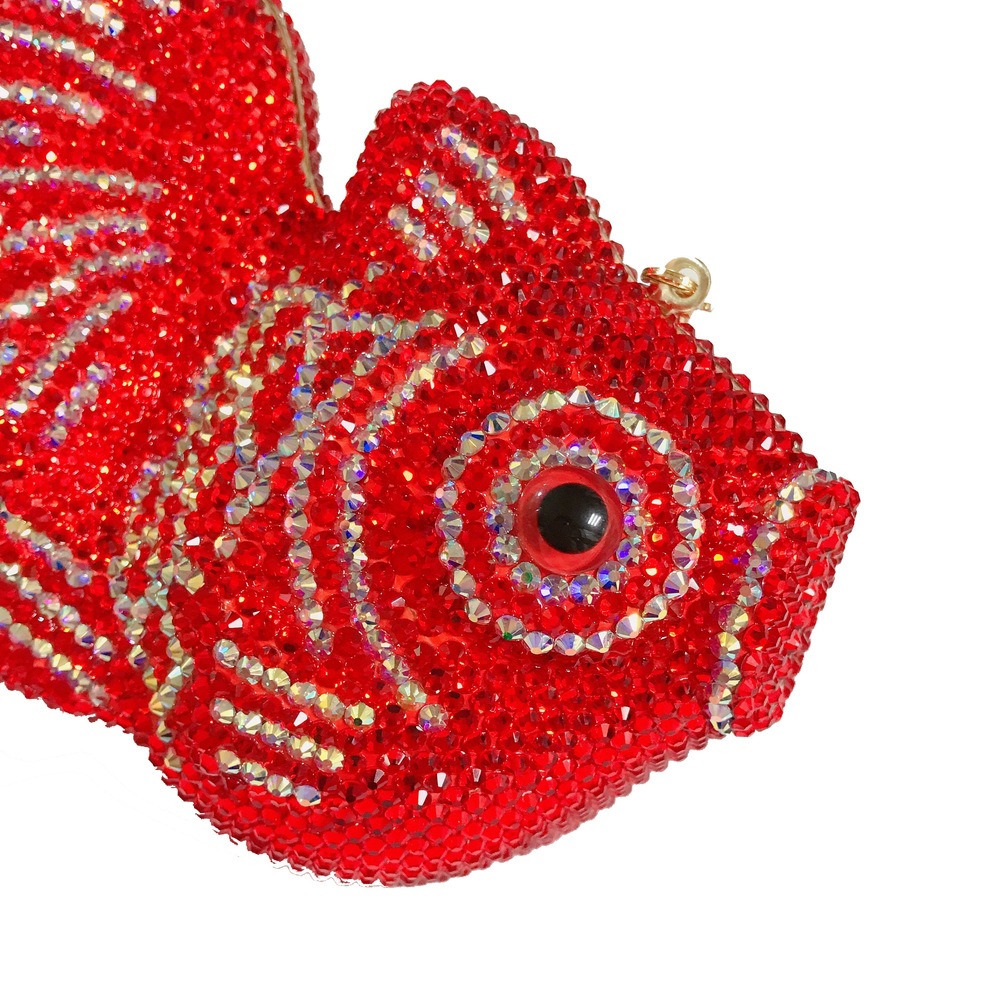 Bolsa de diamante de peces dorados rojos, bolsas de diamante de dibujos animados, bolsas de cristal de diamantes hechas a mano, bolsas duras de mano para mujeres