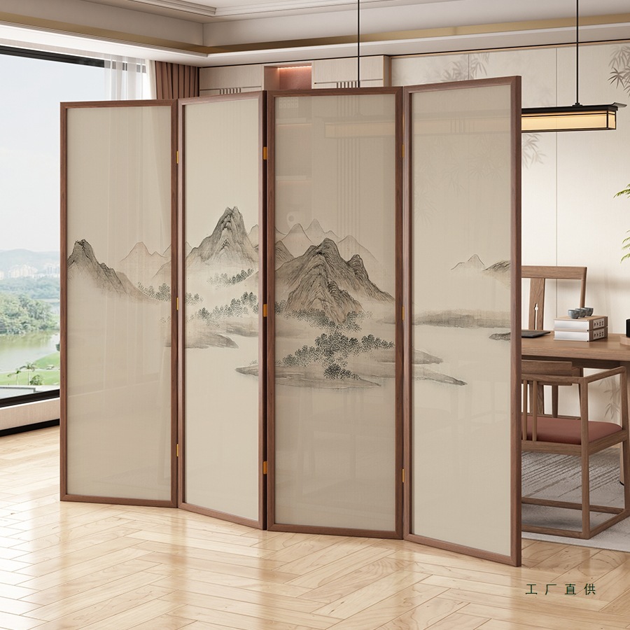 New Chinese Style Solid Wood Mobile Folding Screen Partition Office Entrance Hotel Living Room Surrounded by Mountains and Landscape Paintings