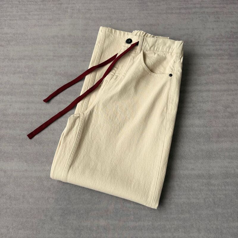 Undyed Natural Color 100% Cotton! Contrast Color Red Drawstring Elastic High-Waisted Lightweight Structured Slightly Loose Straight-Leg Jeans for Women Undyed Natural Color 100% Cotton! Contrast Color Red Drawstring Elastic High-Waisted Lightweight Structured Slightly Loose Straight-Leg Jeans for Women