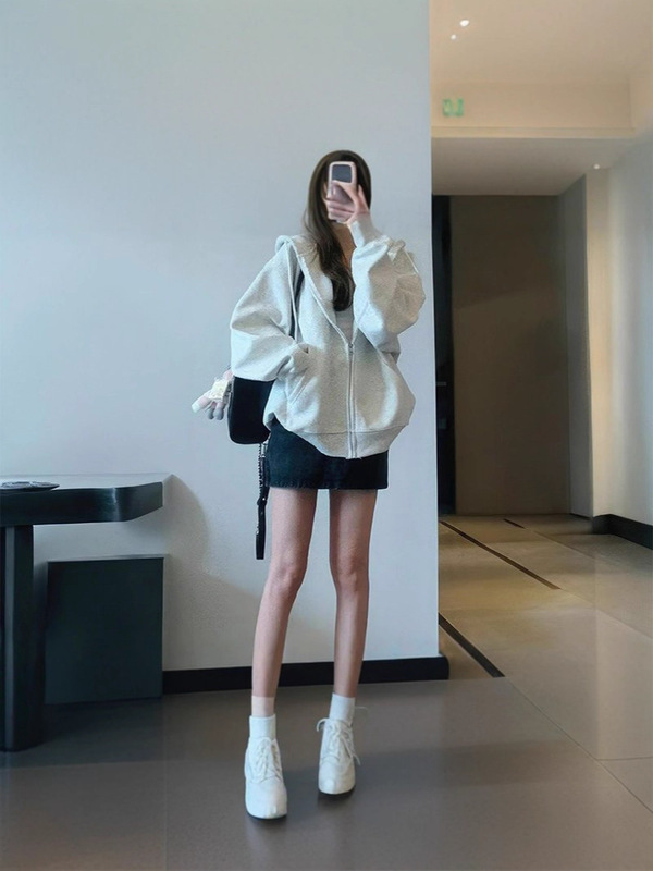 春秋灰色宽松开衫外套中长款卫衣女设计感秋季上衣纯色拉链|undefined