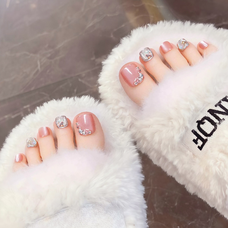 Jz-217 Summer Toenail Wear-On Nude Pink Iridescent Diamond Toenail Pieces Wholesale Toenail Stickers Removable Waterproof