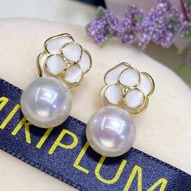 新款山茶花天然淡水白珍珠耳钉女 14K注金高面包强光无瑕耳饰百搭
