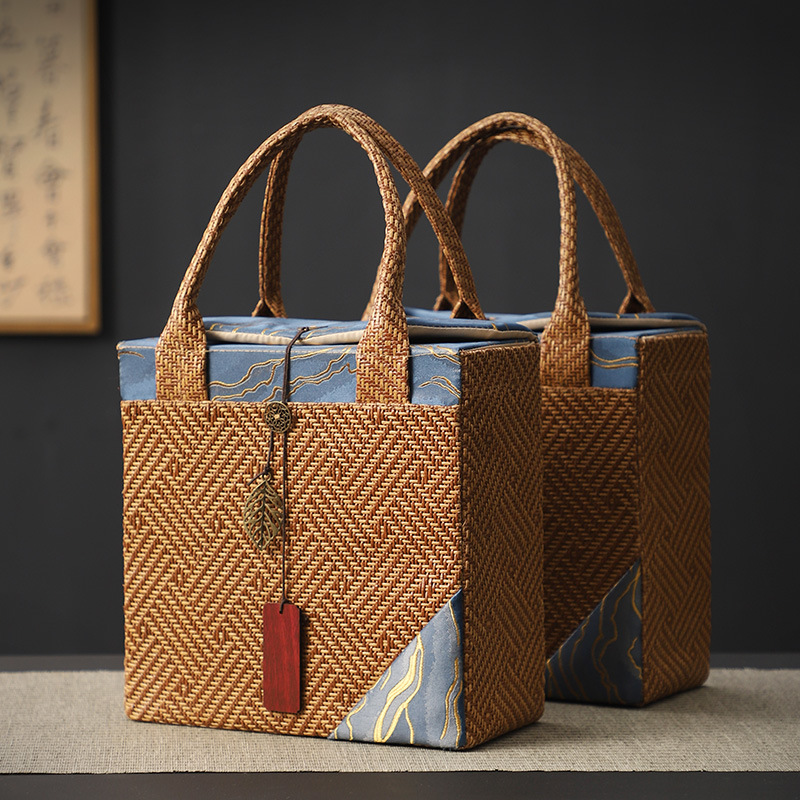 复古藤编空包装盒普洱茶饼白茶饼空盒玻璃制品包装盒收纳盒厂家直